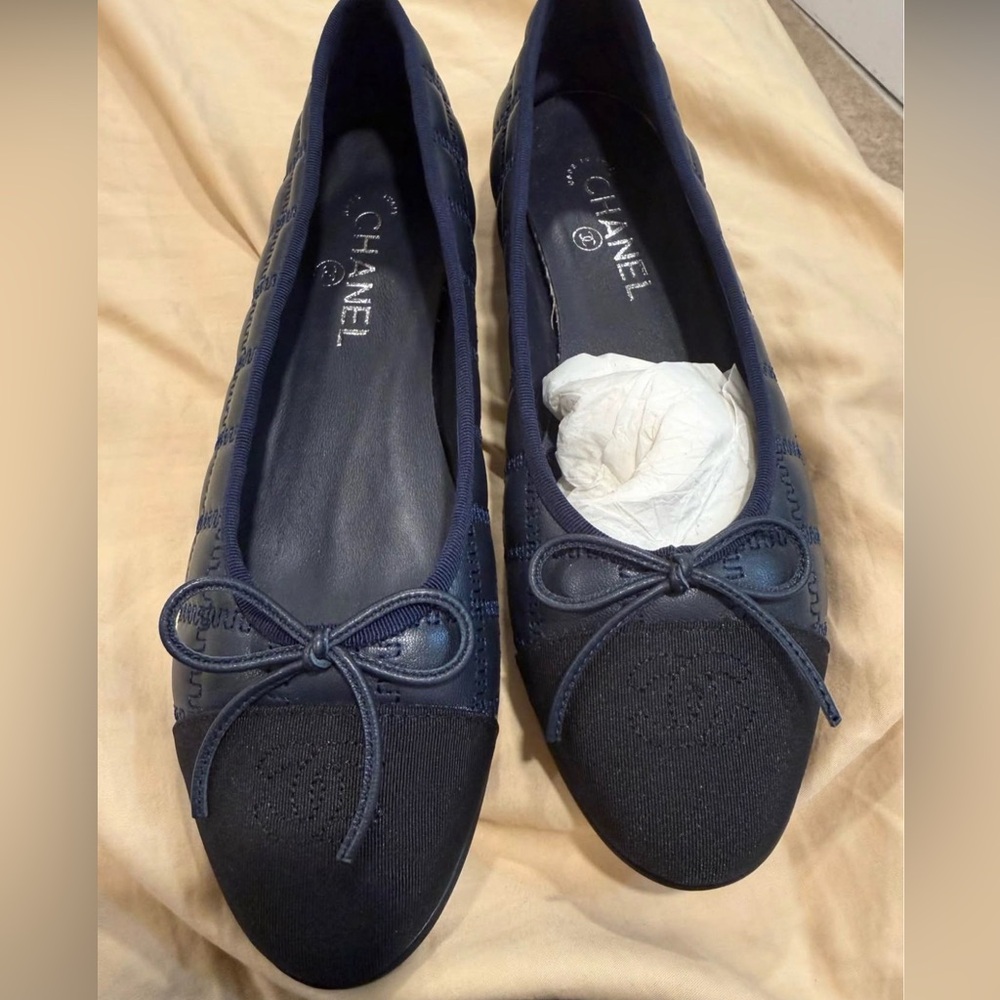 Chanel Navy Quilted Bow Cap-Toe Ballet Flats